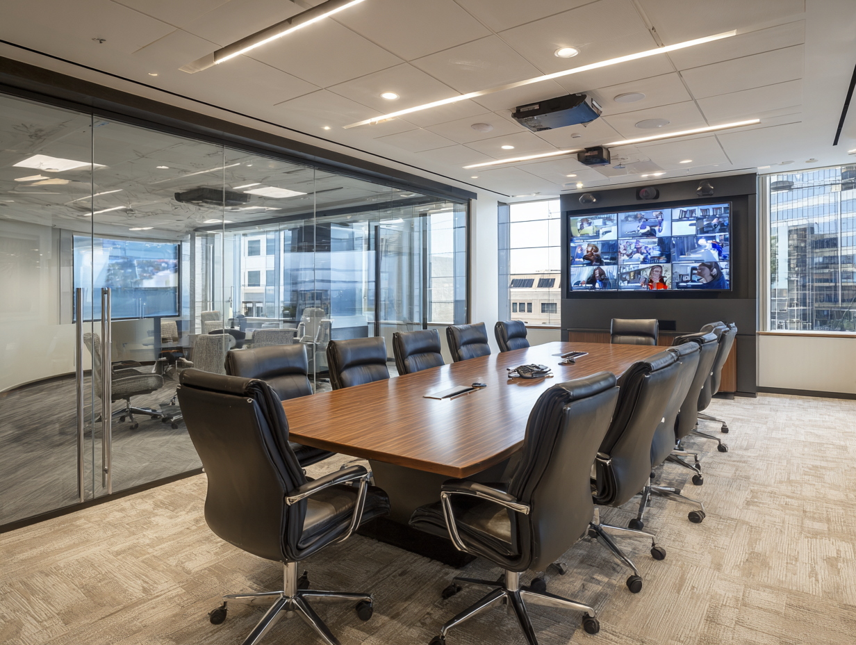 Corporate conference room with integrated AV system and video conferencing display